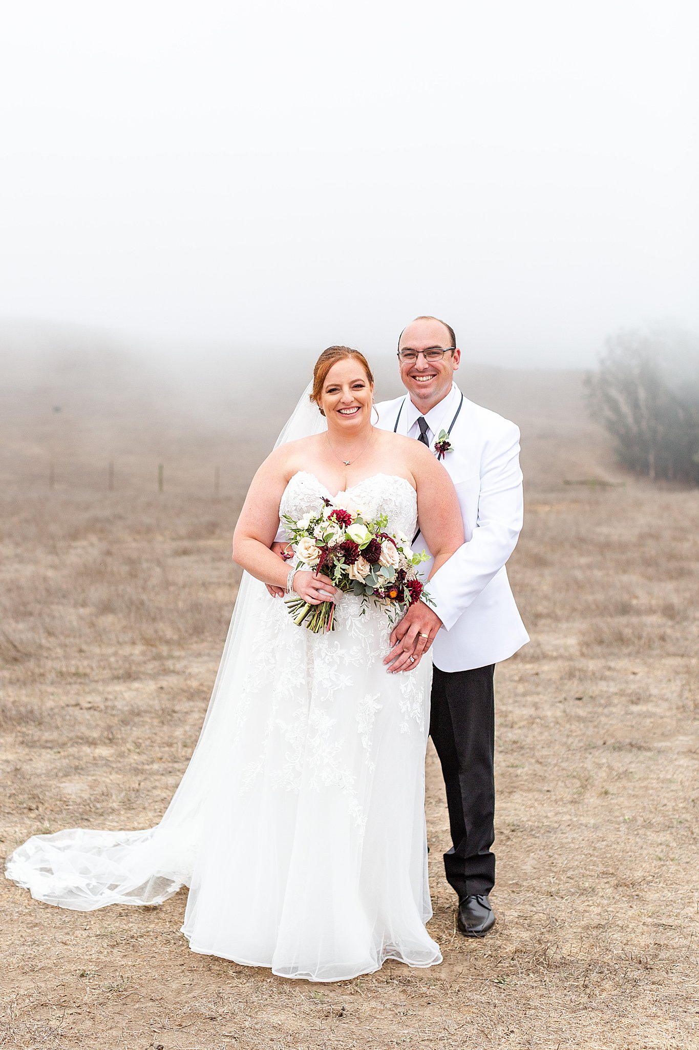 Bride and groom in foggy Tomales California